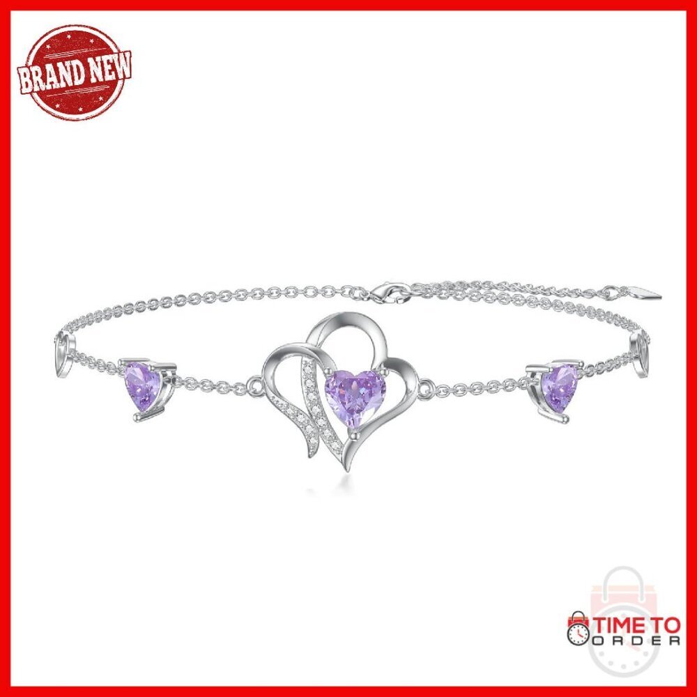 Sterling Silver Adjustable Bracelet with Amethyst Heart Charm 9 Inch